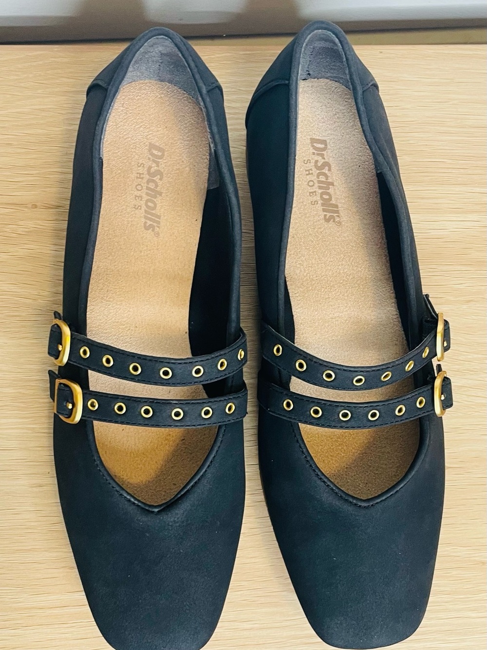 Dr. Scholl's Black Dual-Strap Mary Jane Flats with Gold Eyelet Buckles
